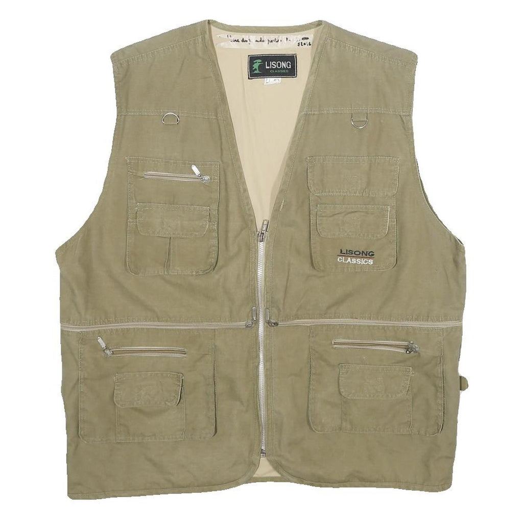 LISONG Mens Beige Utility Vest L Woven Plain Multi Pocket Zip Up Outdoor