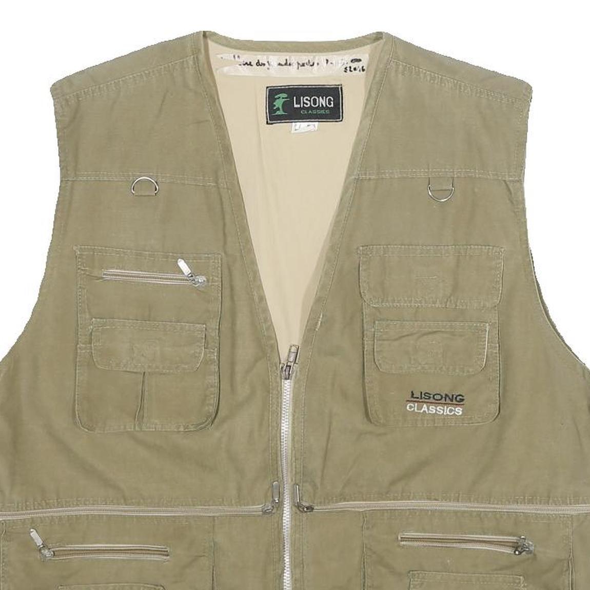 LISONG Mens Beige Utility Vest L Woven Plain Multi Pocket Zip Up Outdoor