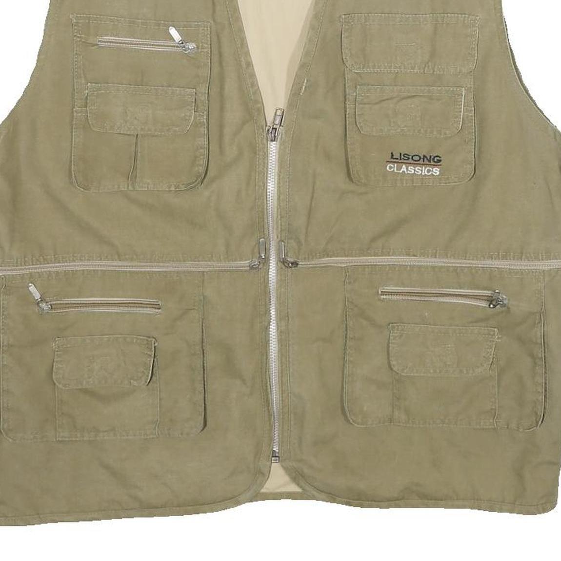 LISONG Mens Beige Utility Vest L Woven Plain Multi Pocket Zip Up Outdoor