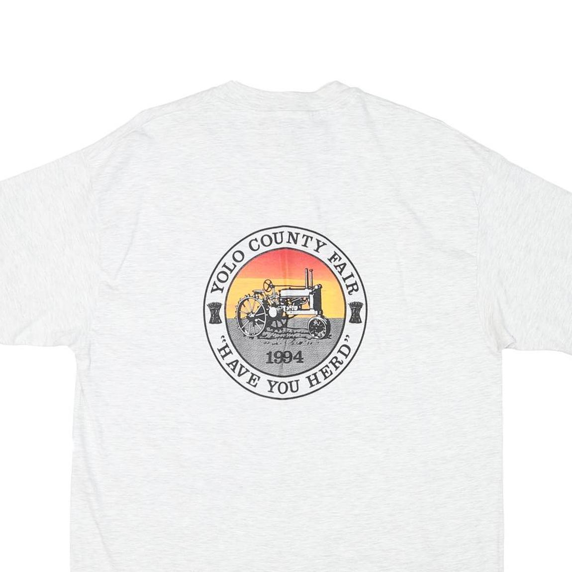 HANES Mens White Yolo County Fair 1994 Graphic T-Shirt L Short Sleeve Crew Neck