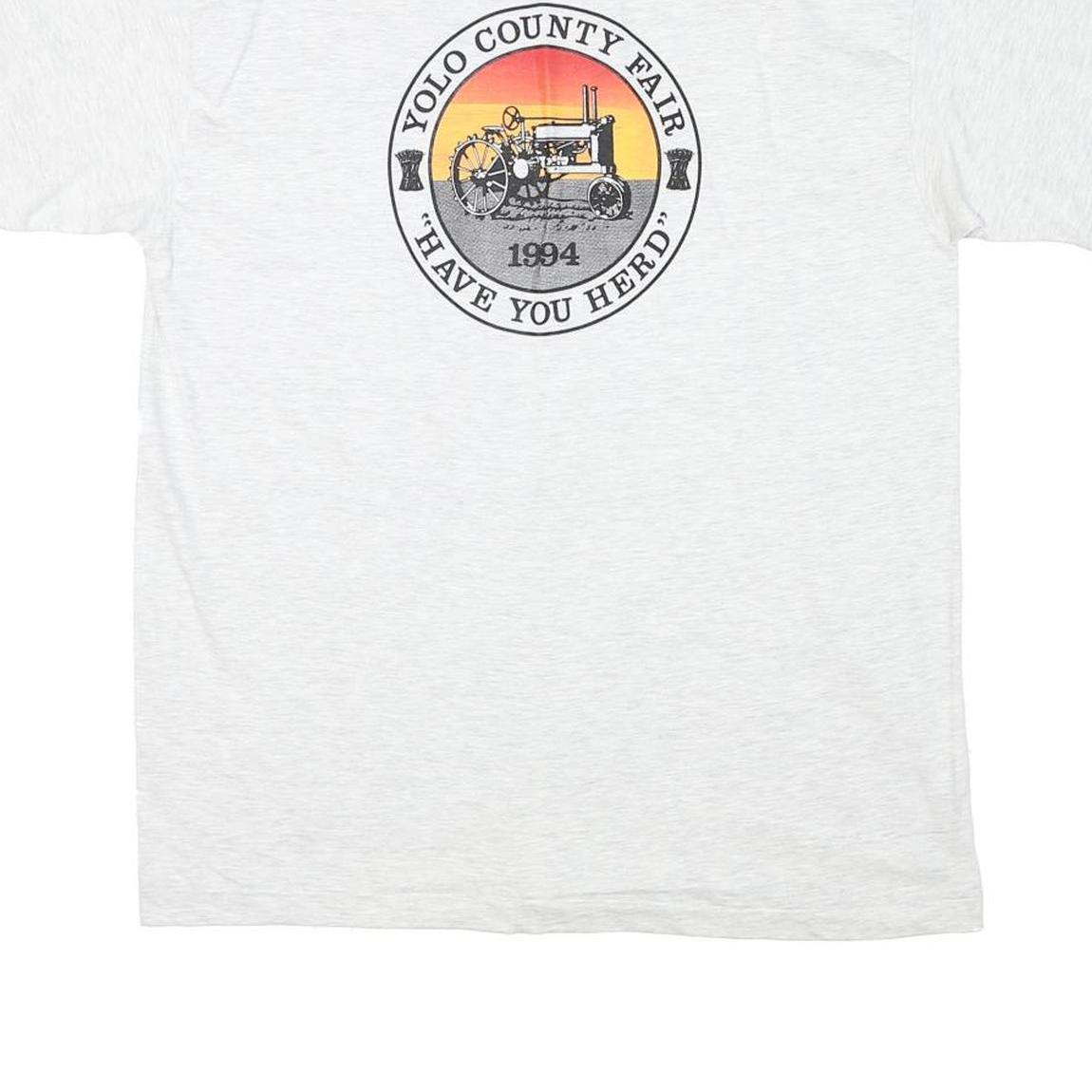 HANES Mens White Yolo County Fair 1994 Graphic T-Shirt L Short Sleeve Crew Neck