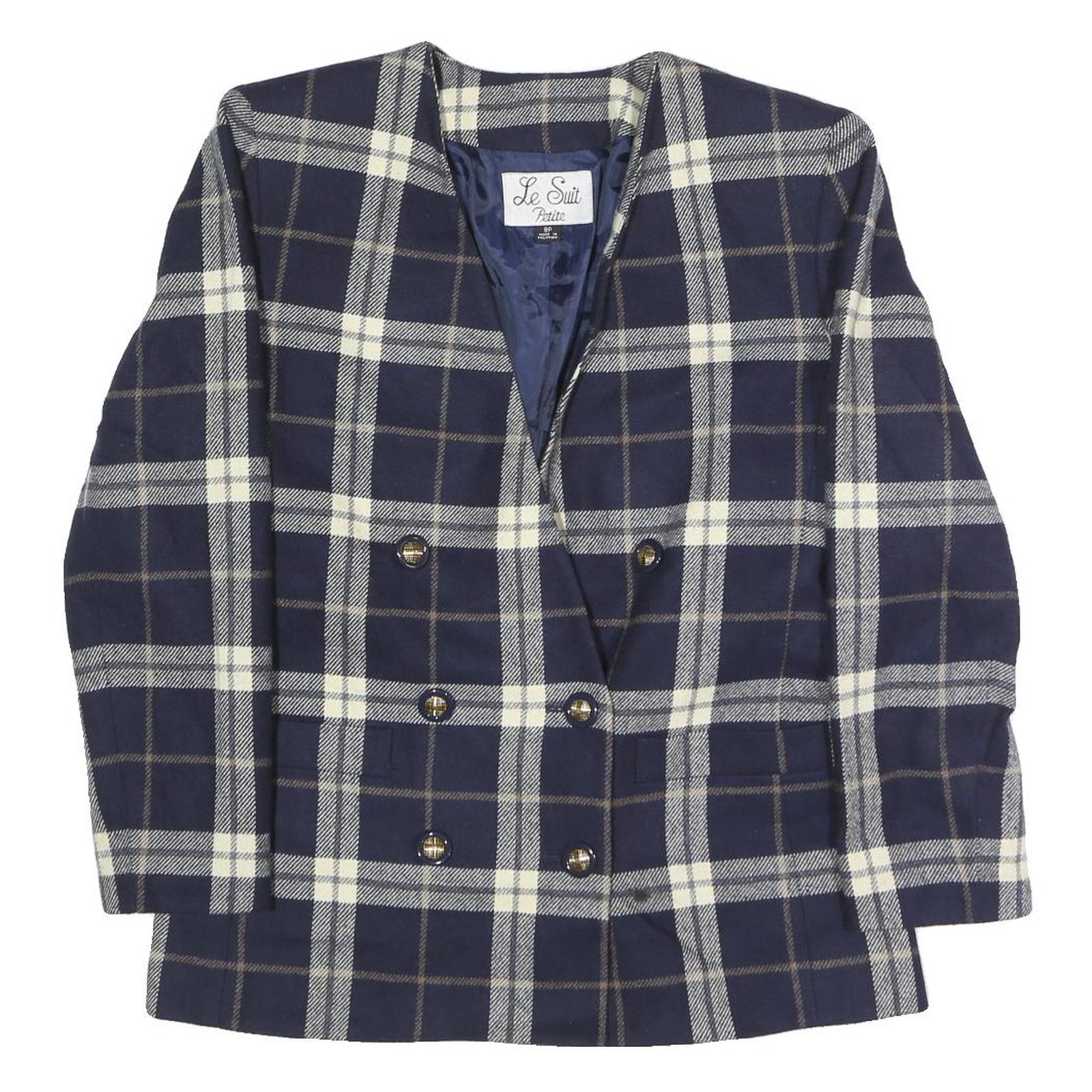 LE SUIT Womens Navy & Cream Check Button Jacket UK 12 Wool Blend Classic
