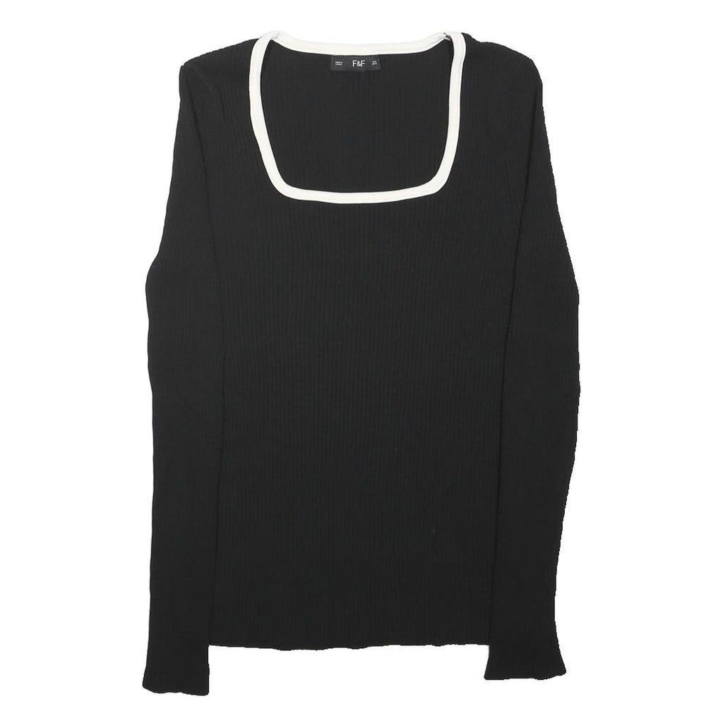 F&F Womens Black & White Basic Top Long Sleeve Square Neck Ribbed XS
