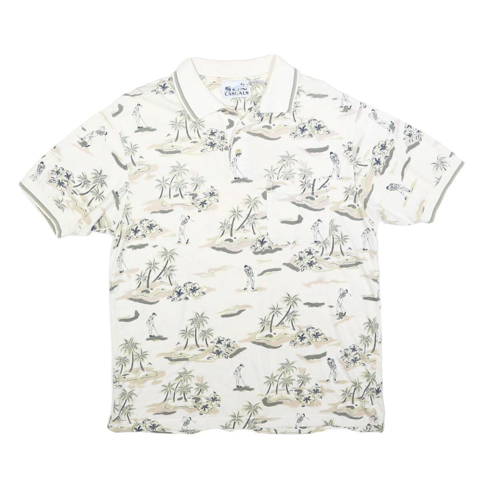 SUN CASUALS Mens White Golf Scene Print Short Sleeve Polo Shirt M Casual