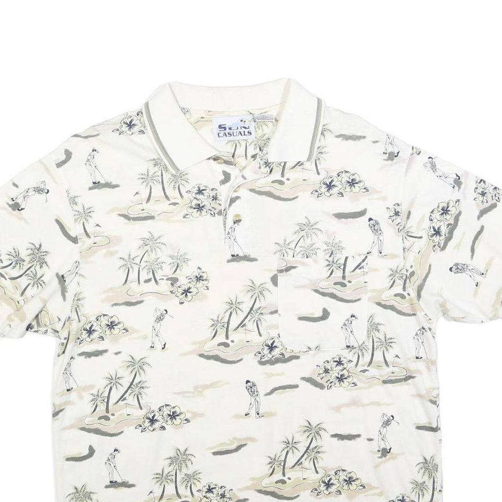 SUN CASUALS Mens White Golf Scene Print Short Sleeve Polo Shirt M Casual