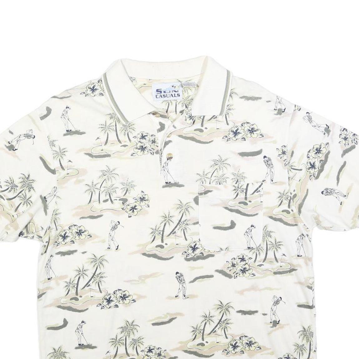 SUN CASUALS Mens White Golf Scene Print Short Sleeve Polo Shirt M Casual