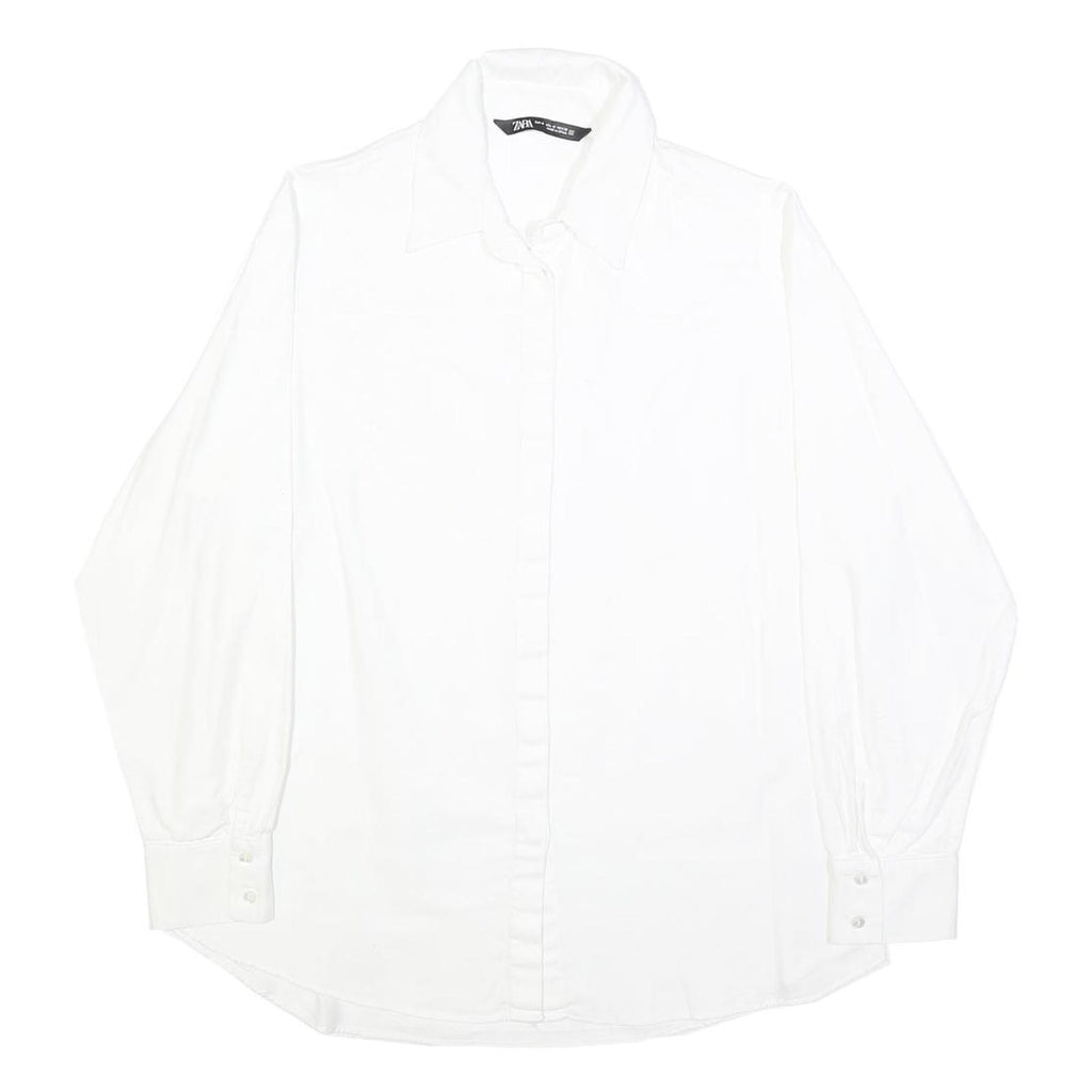 ZARA Mens White Plain Shirt M Cotton Blend Classic Button Collar Long Sleeve