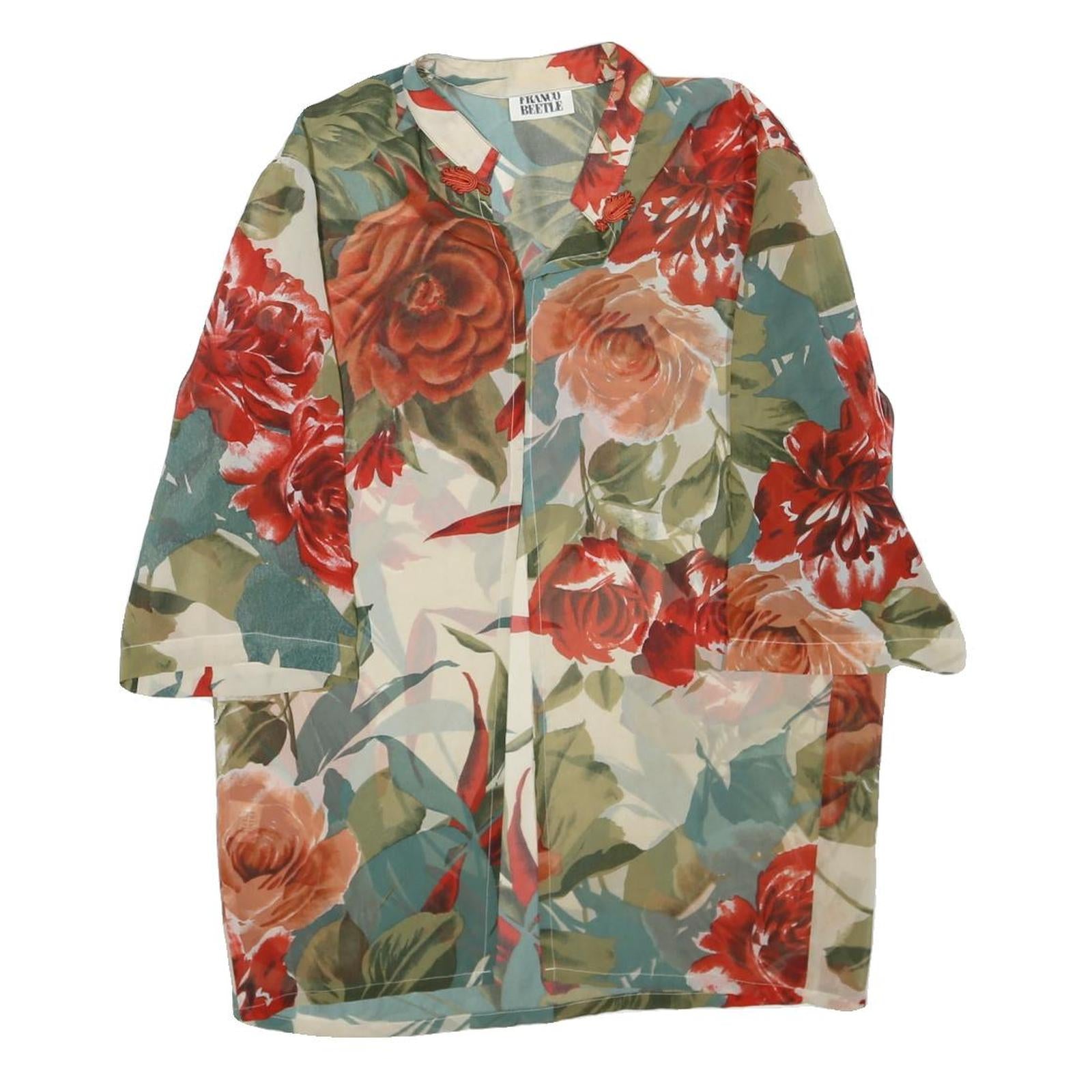 FRANCO BEETLE Womens Floral Print Short Sleeve Collar Top S Summer Casual