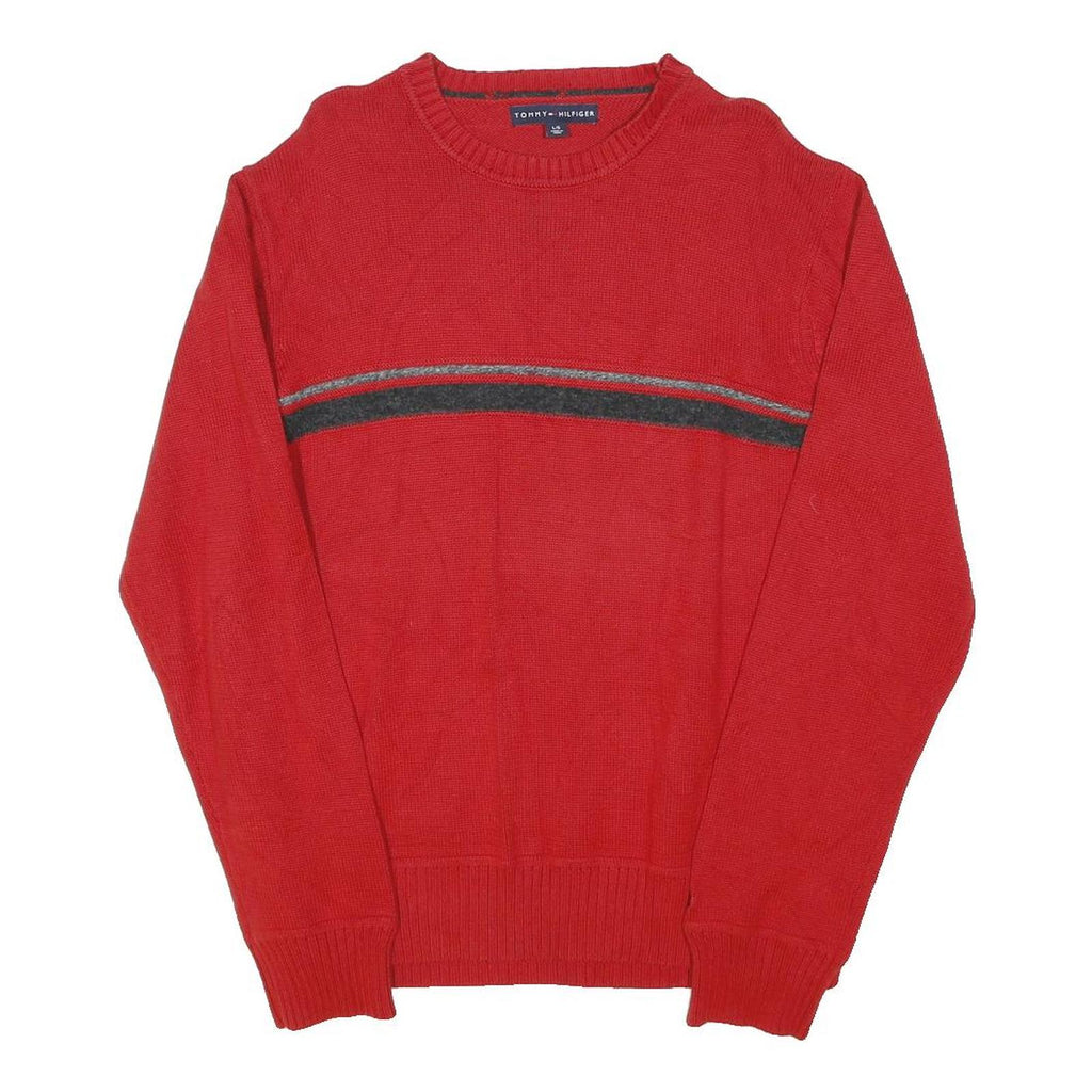 TOMMY HILFIGER Mens Red Patterned Jumper Crew Neck Basic Knit L Cotton Blend