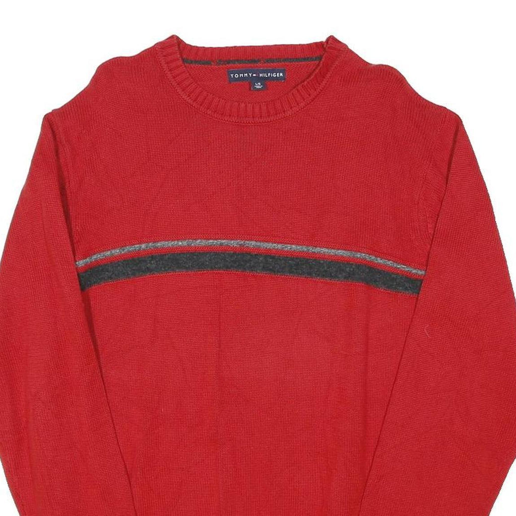 TOMMY HILFIGER Mens Red Patterned Jumper Crew Neck Basic Knit L Cotton Blend