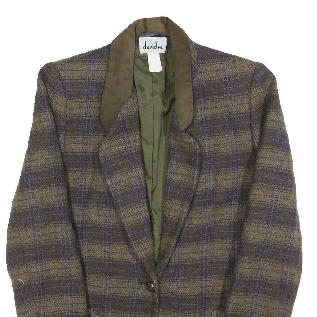 DAVID N Womens Olive Green & Purple Checked Wool Blend Button Jacket M Woven