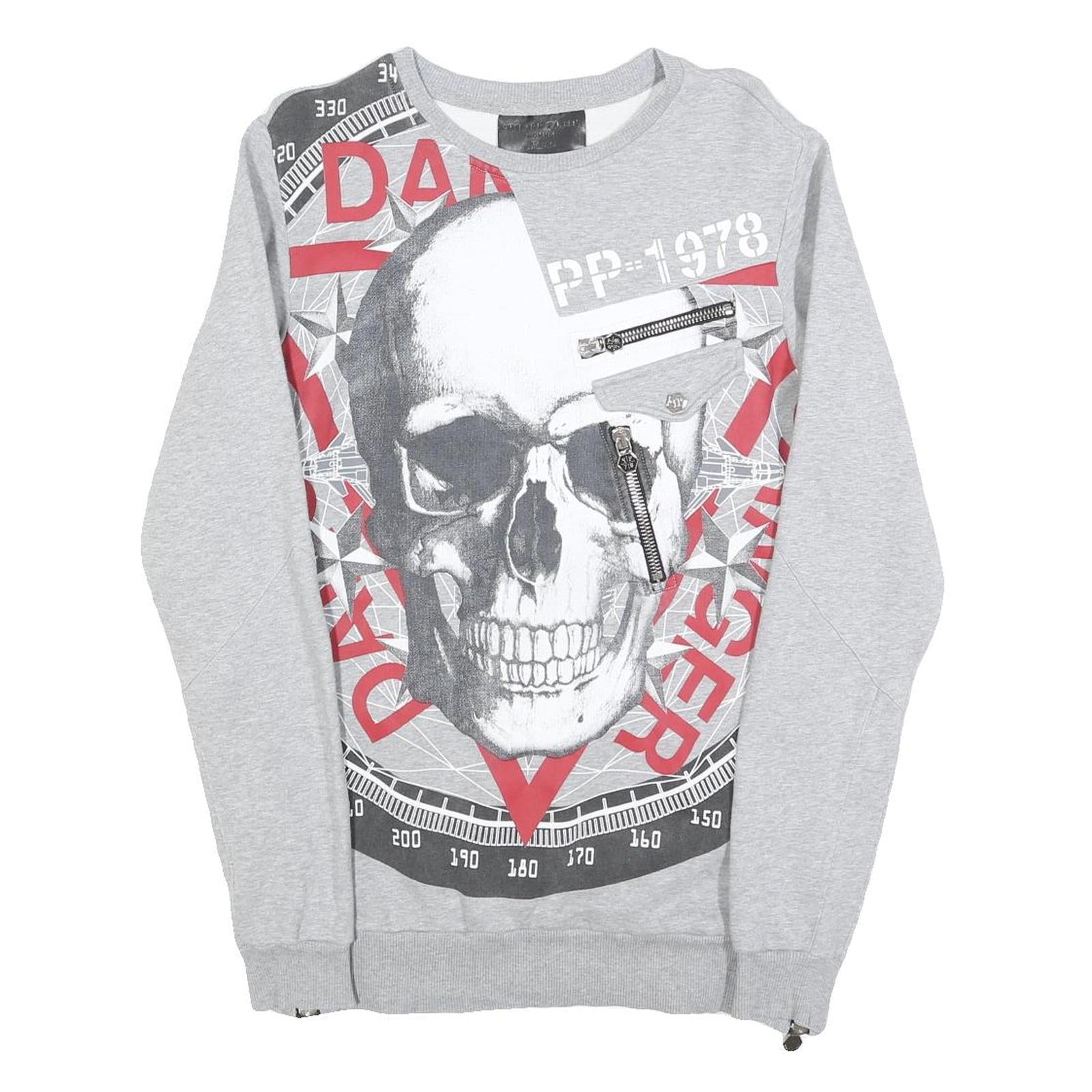 PHILIPP PLEIN Womens Grey Cotton Blend Mini Dress Skull Print Long Sleeve M