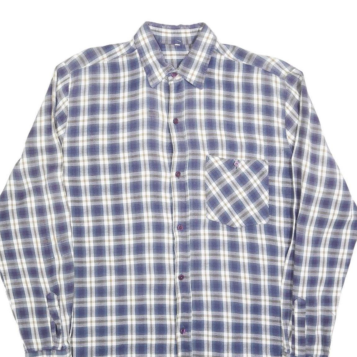 Mens Blue & White Check Shirt L Cotton Blend Long Sleeve Casual Pocket