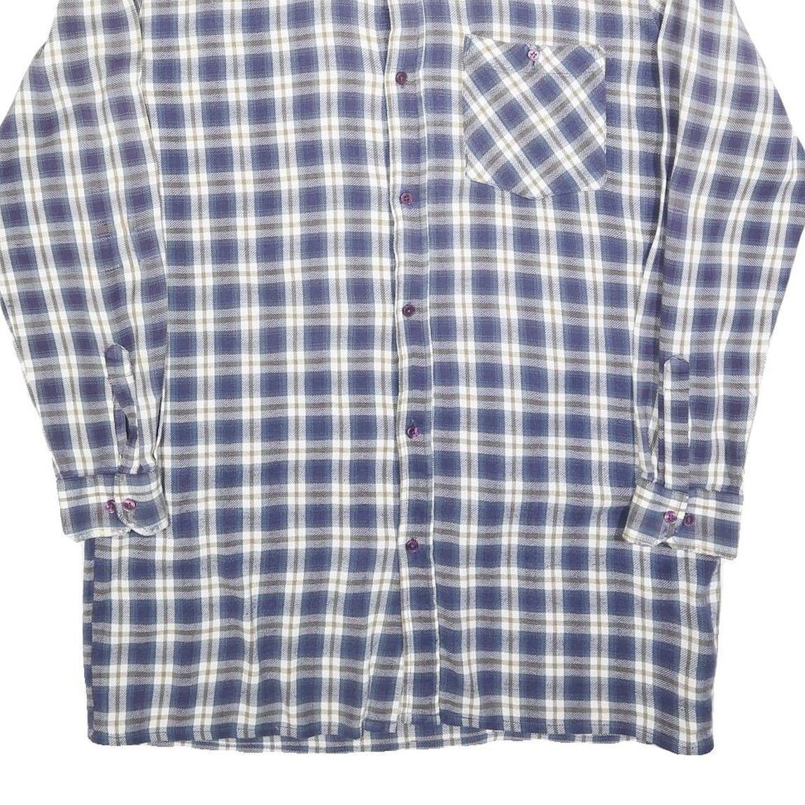 Mens Blue & White Check Shirt L Cotton Blend Long Sleeve Casual Pocket