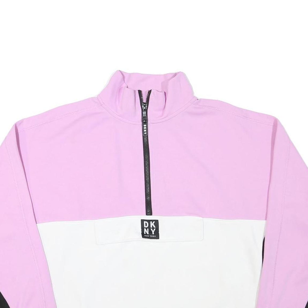 DKNY Womens Pink & White Colourblock Sweatshirt XL Zip Neck Casual Pullover