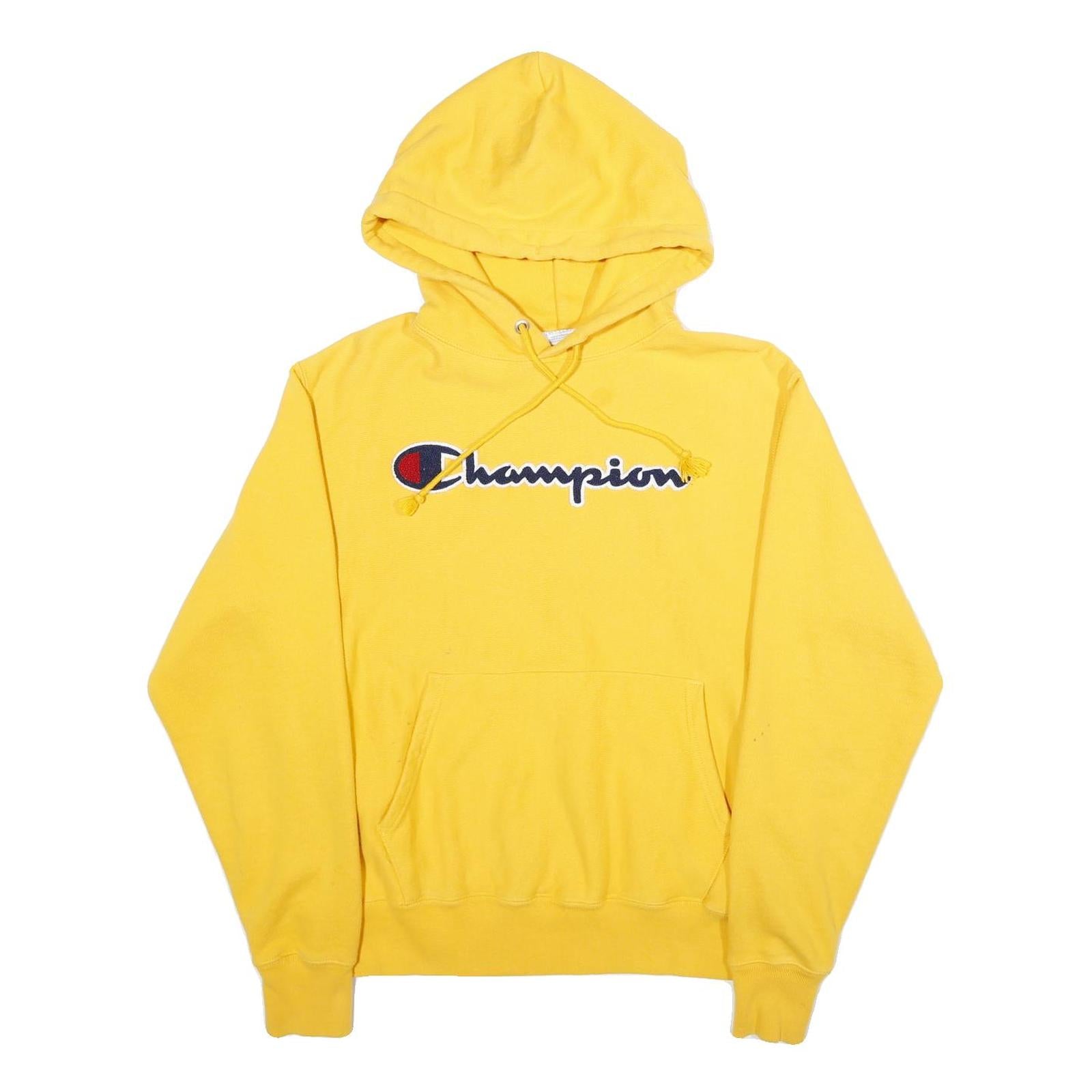 CHAMPION REVERSE WEAVE Mens Yellow Pullover Hoodie M Classic Script Logo