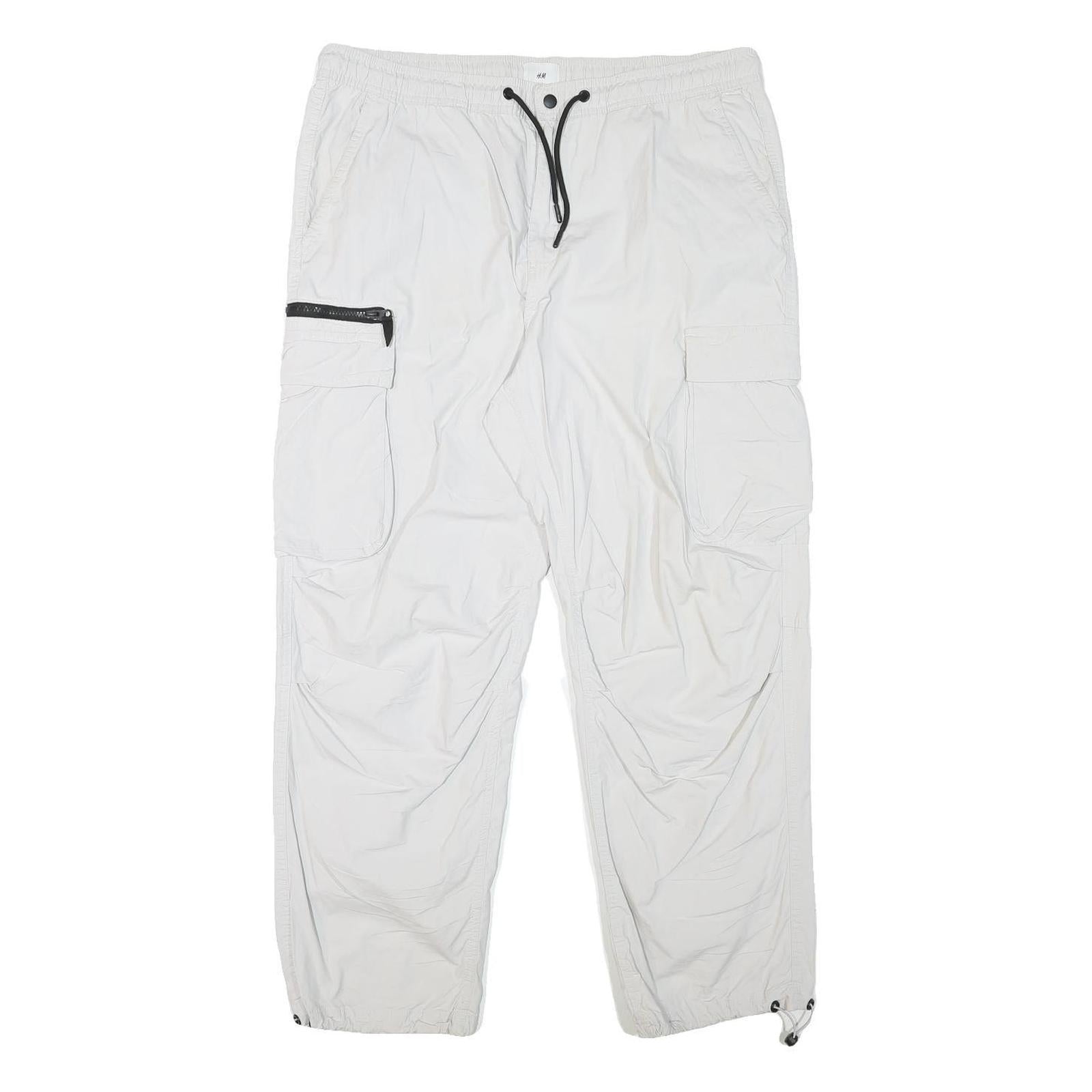 H&M Mens White Polyester Blend Relaxed Cargo Trousers W36 L28 Drawstring Pockets