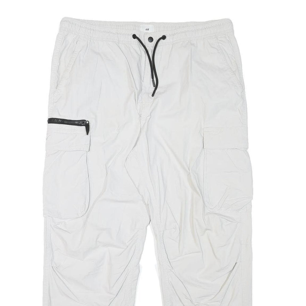 H&M Mens White Polyester Blend Relaxed Cargo Trousers W36 L28 Drawstring Pockets