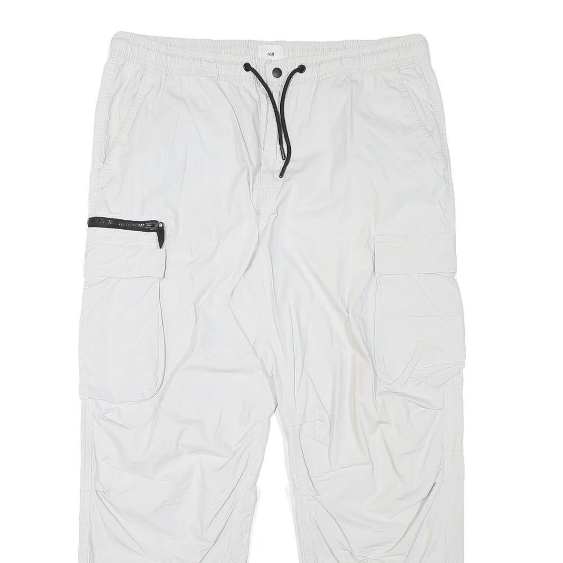 H&M Mens White Polyester Blend Relaxed Cargo Trousers W36 L28 Drawstring Pockets