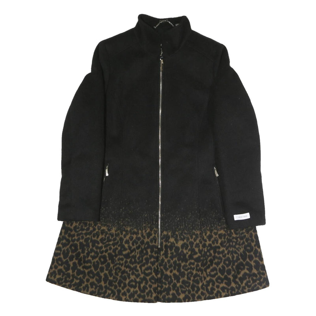 CALVIN KLEIN Womens Black & Brown Leopard Print Zip Jacket L Polyester Blend