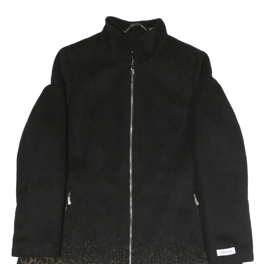 CALVIN KLEIN Womens Black & Brown Leopard Print Zip Jacket L Polyester Blend