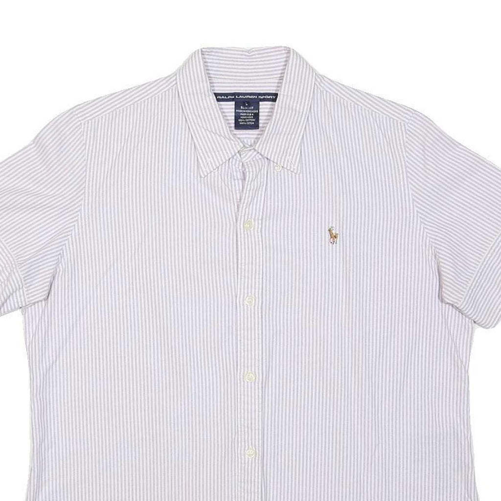 RALPH LAUREN SPORT Womens White & Blue Stripe Shirt L Classic Button Cotton