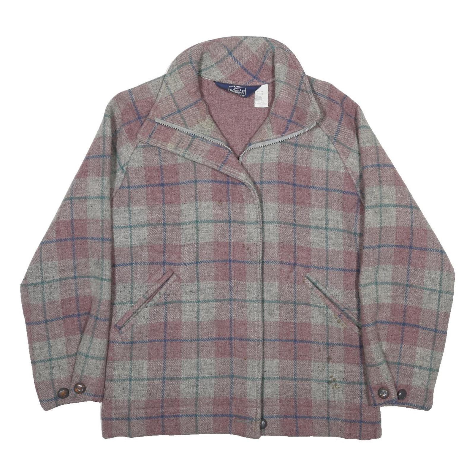 WOOLRICH Womens Pink & Grey Check Wool Blend Jacket S Woven Zip Closure Classic