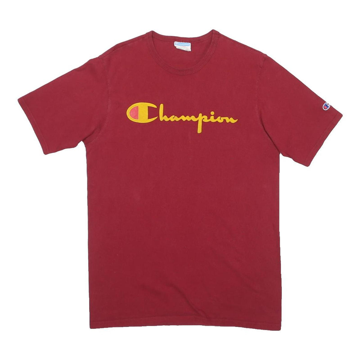 CHAMPION Mens Red Yellow Logo Graphic T-Shirt L Short Sleeve Crew Neck Casual