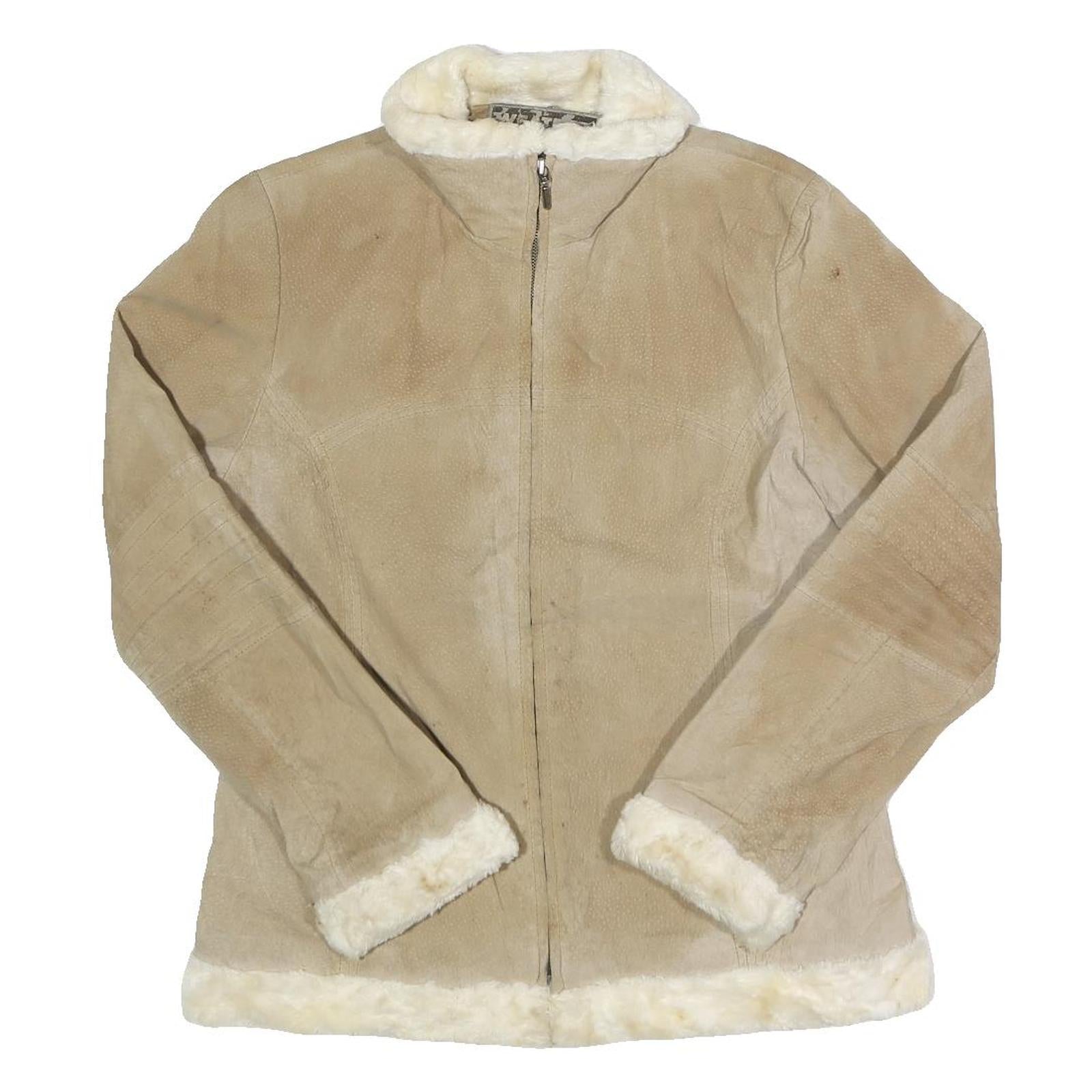 WEATHER TAMER Womens Beige Leather Jacket S Suede Plain Zip Warm Casual