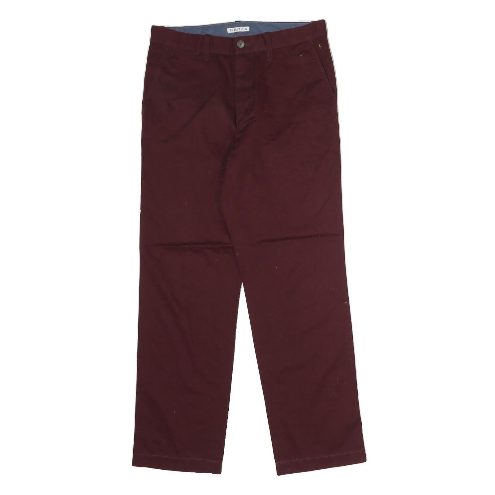 NAUTICA Mens Cotton Burgundy Regular Straight Trousers W30 L30 Classic Zip