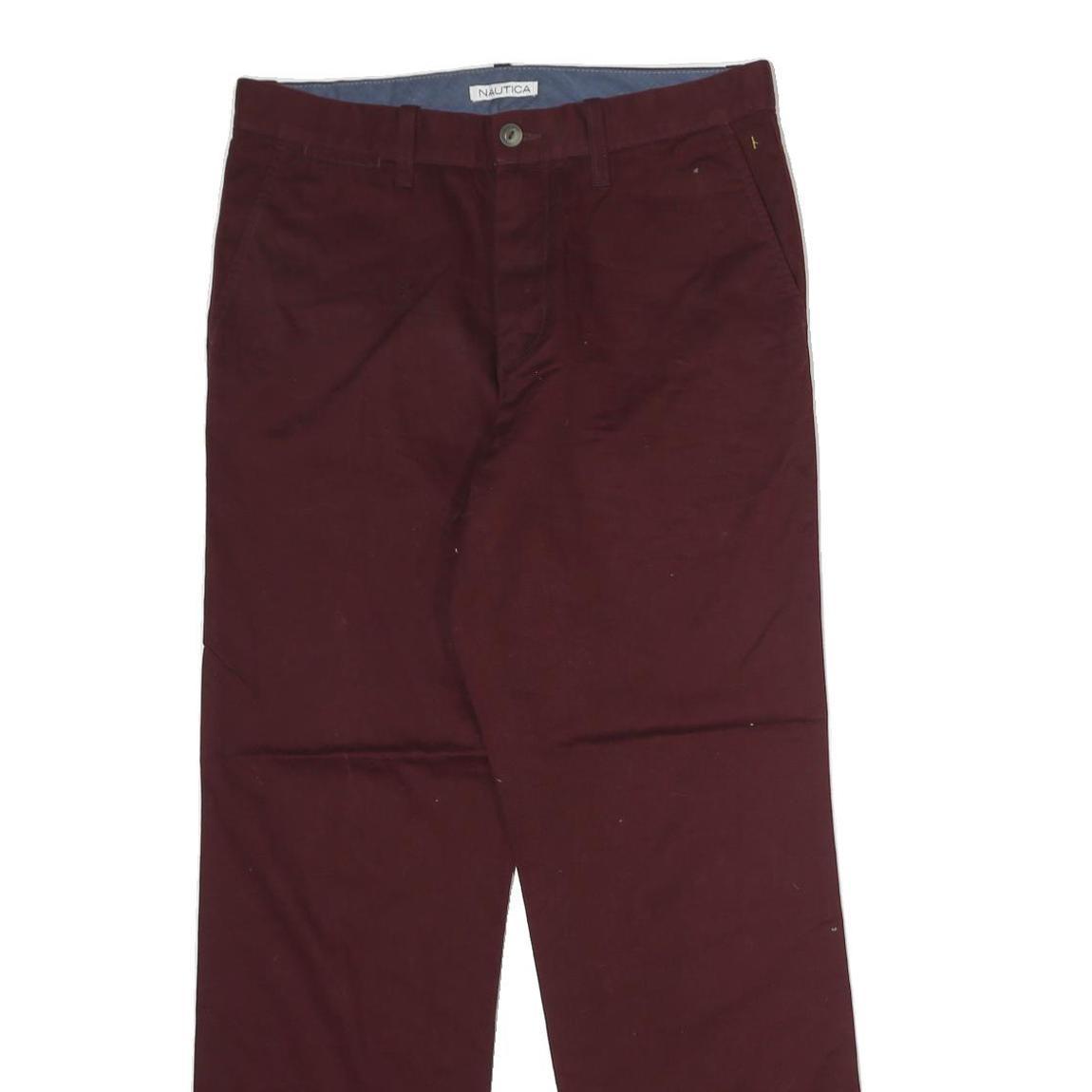 NAUTICA Mens Cotton Burgundy Regular Straight Trousers W30 L30 Classic Zip