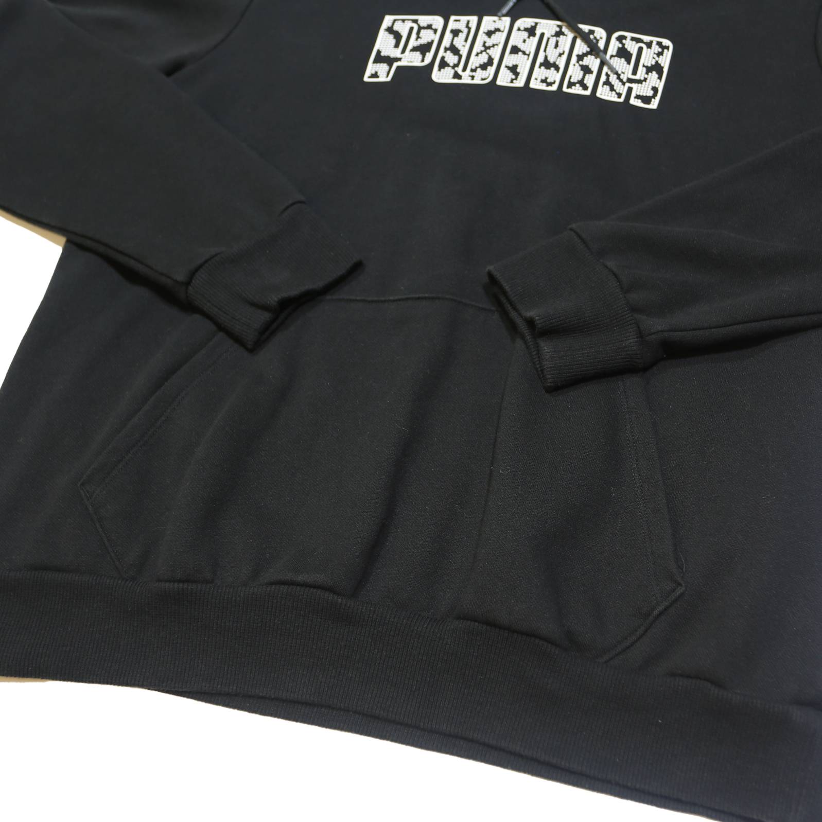 PUMA Mens Black Cotton Blend Pullover Hoodie L Logo Print Casual