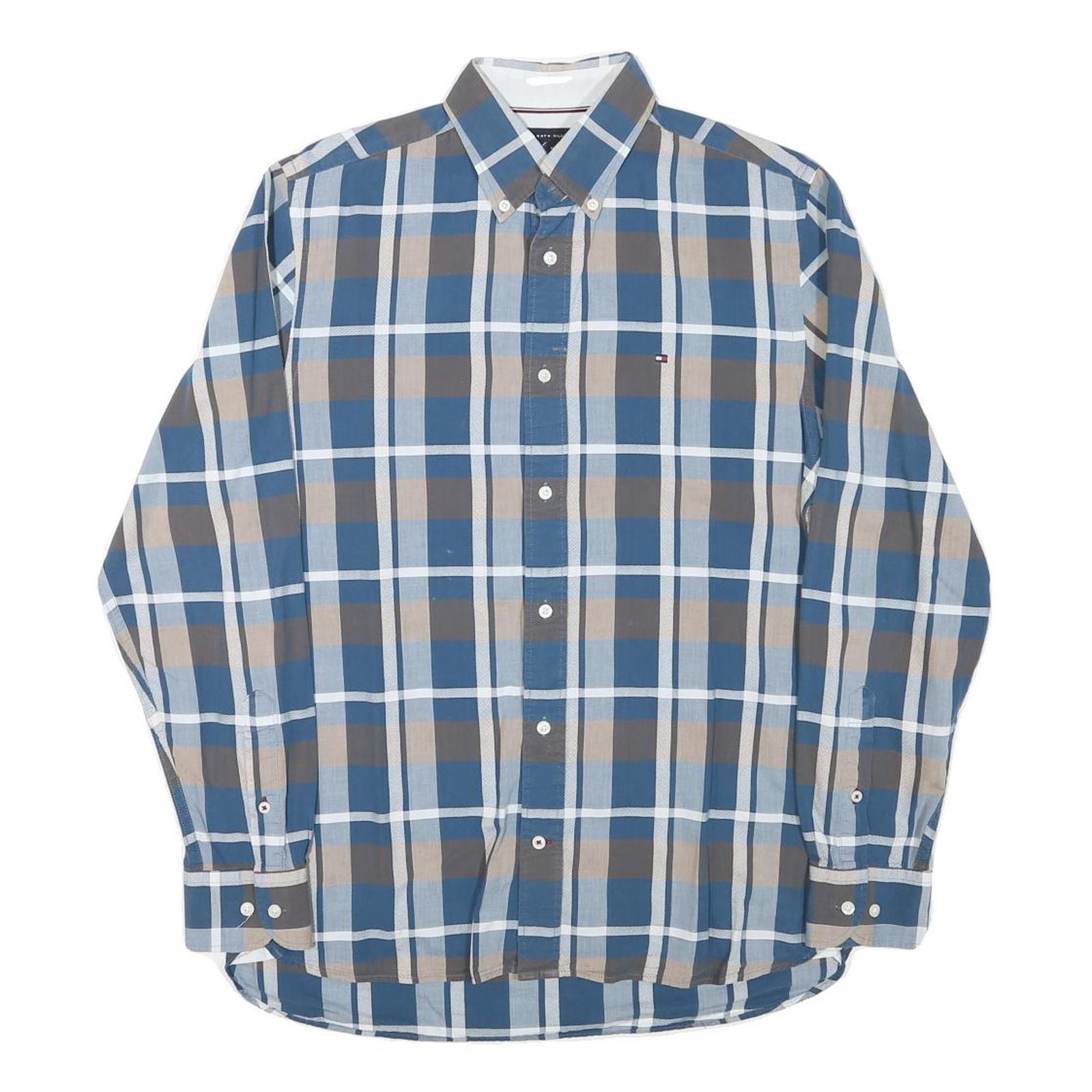 TOMMY HILFIGER Mens Blue & Beige Checked Shirt M Casual Button-Down Cotton Blend