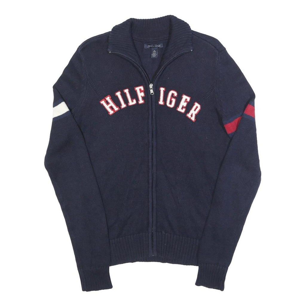 TOMMY HILFIGER Mens Navy Blue Patterned Zip Up Jumper Crew Neck Basic Knit XS