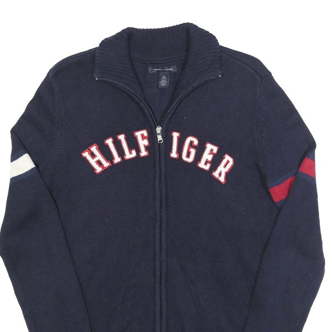 TOMMY HILFIGER Mens Navy Blue Patterned Zip Up Jumper Crew Neck Basic Knit XS