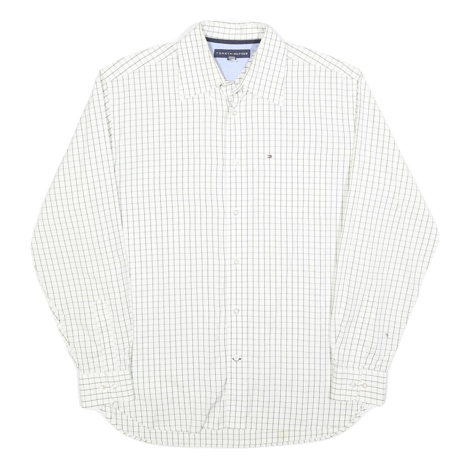 TOMMY HILFIGER Mens White & Black Checked Shirt S Classic Cotton Long Sleeve