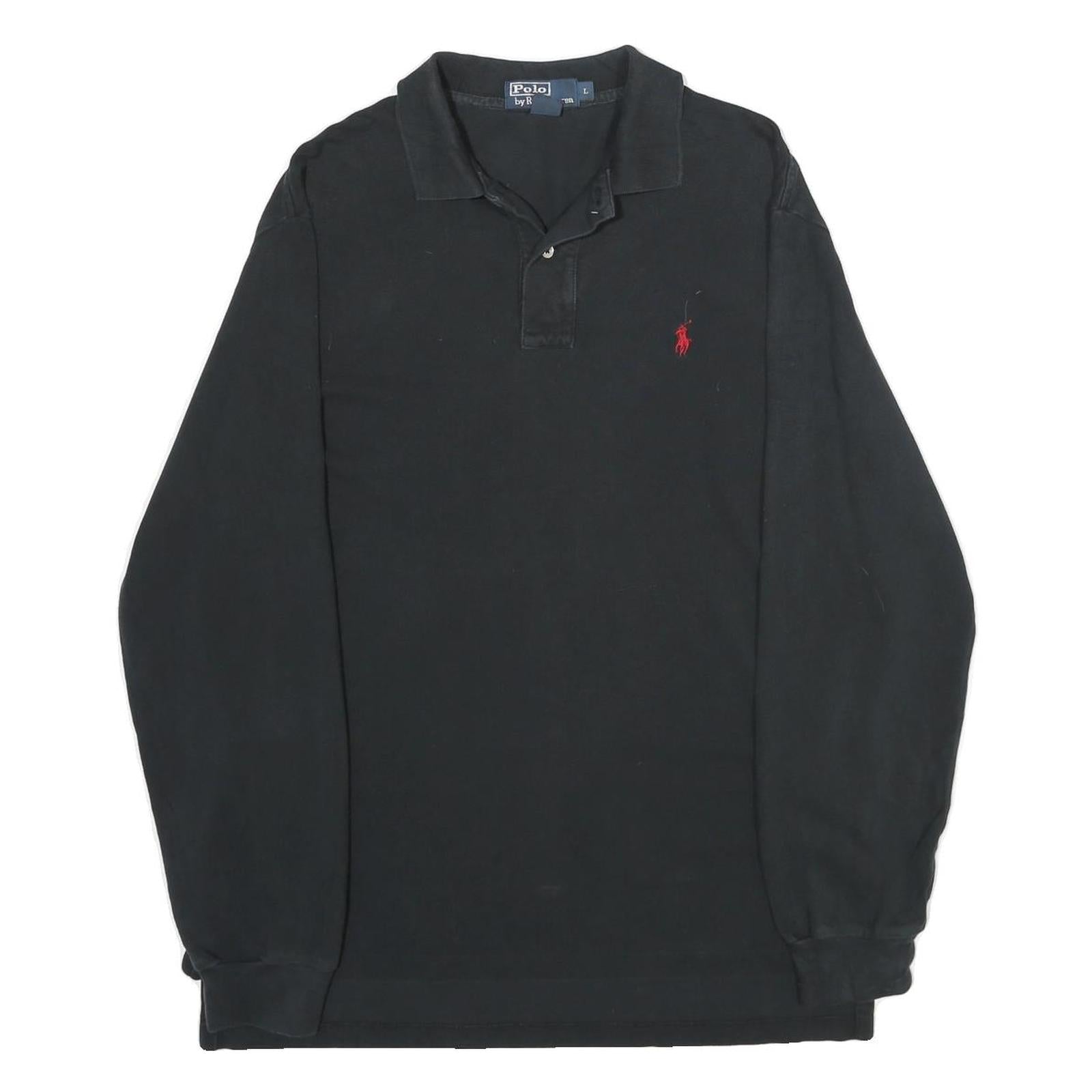 POLO RALPH LAUREN Mens Black Long Sleeve Plain L Cotton Polo Shirt Classic Fit