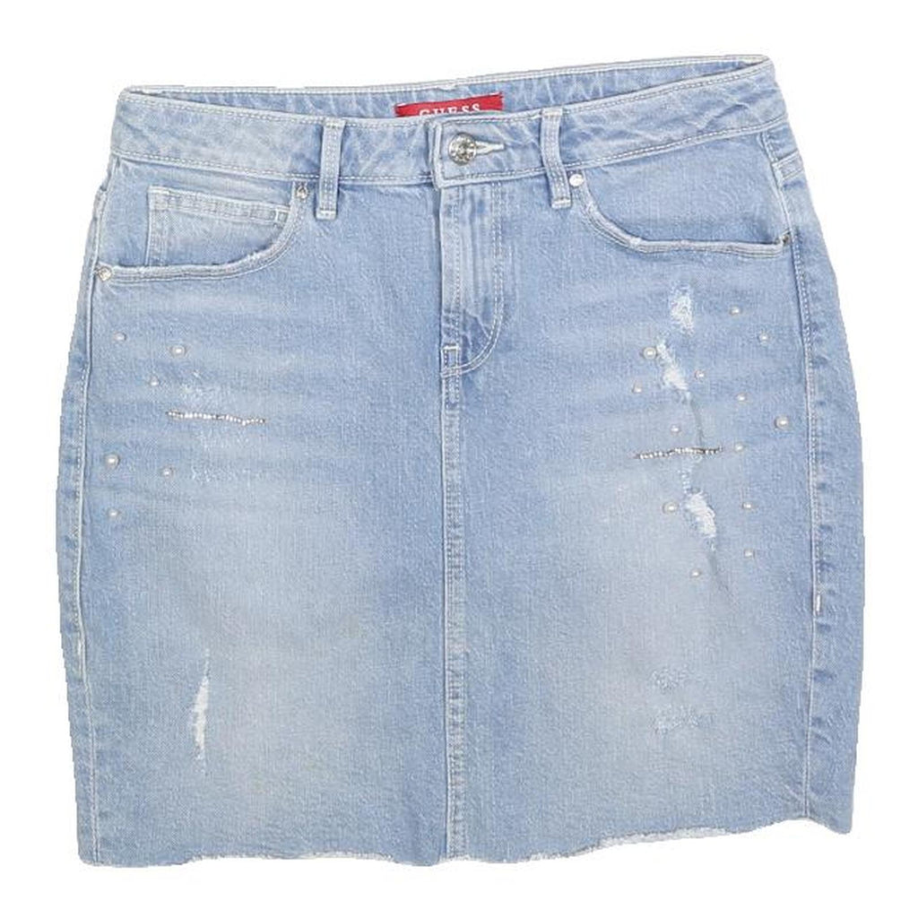 GUESS Womens Blue Denim Mini Cotton Blend Skirt S Embellished Distressed Casual