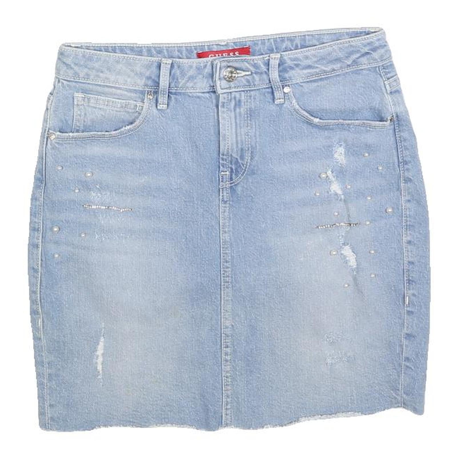 GUESS Womens Blue Denim Mini Cotton Blend Skirt S Embellished Distressed Casual
