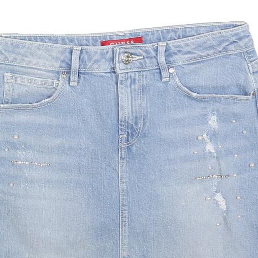 GUESS Womens Blue Denim Mini Cotton Blend Skirt S Embellished Distressed Casual