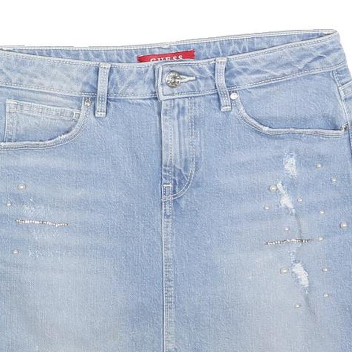 GUESS Womens Blue Denim Mini Cotton Blend Skirt S Embellished Distressed Casual