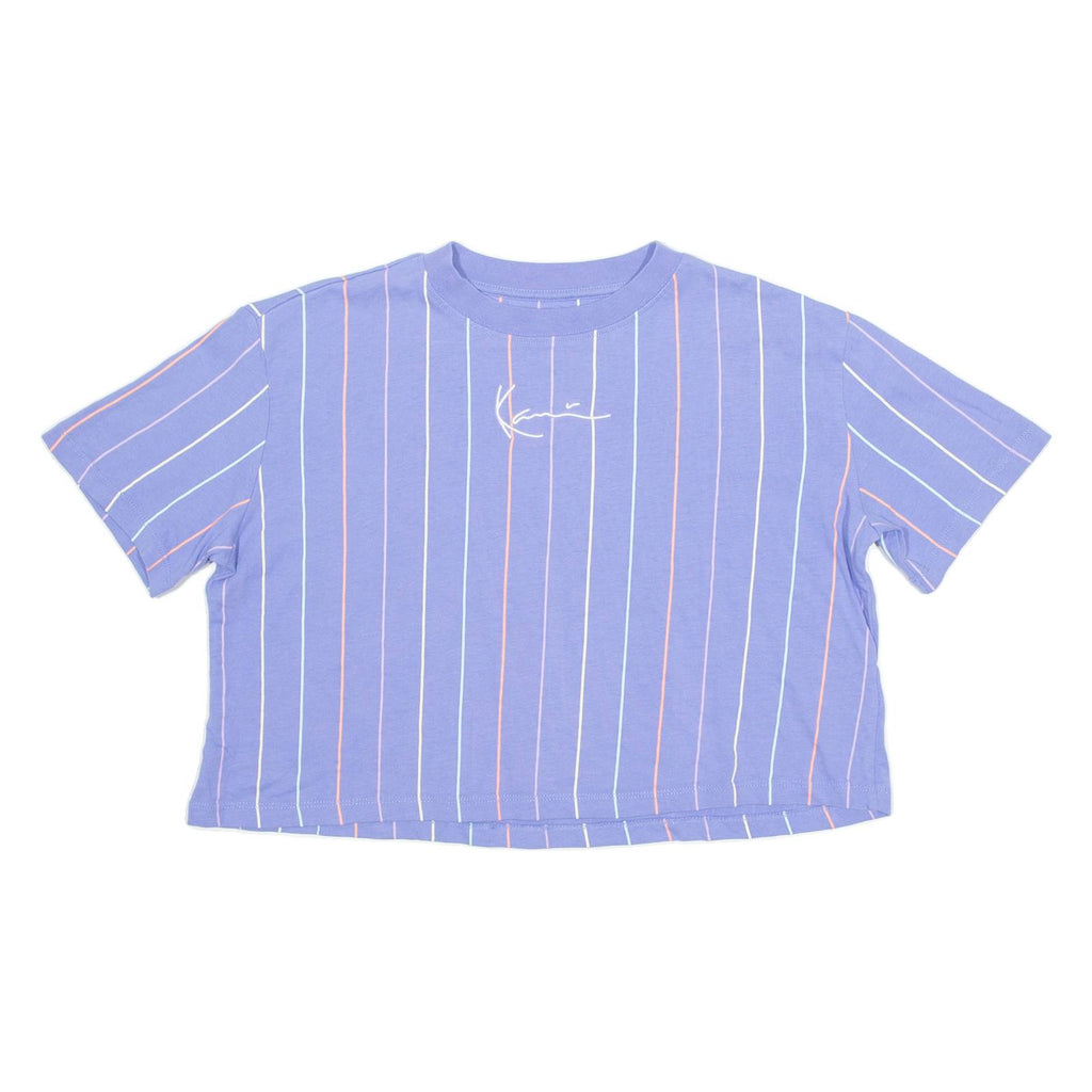 KARL KANI Cropped Pinstripe Mens T-Shirt Purple Crew Neck XS