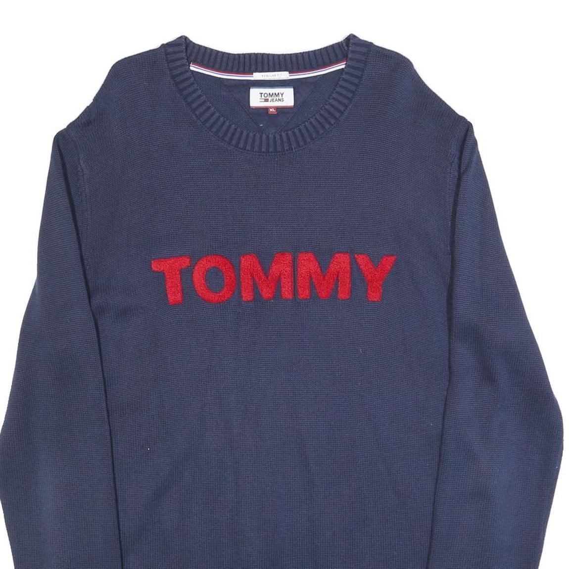 TOMMY HILFIGER Mens Blue Navy Cotton Blend Plain Crew Neck Basic Knit Jumper XL