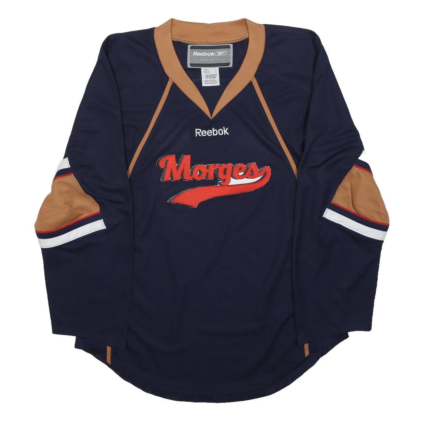 REEBOK Mens Navy & Brown Morges Graphic T-Shirt S Long Sleeve V-Neck Sportswear