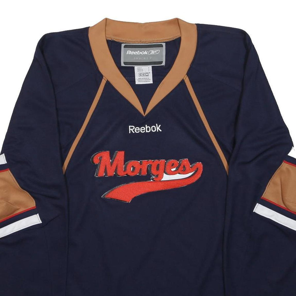REEBOK Mens Navy & Brown Morges Graphic T-Shirt S Long Sleeve V-Neck Sportswear