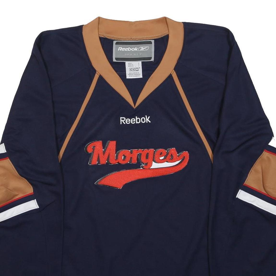 REEBOK Mens Navy & Brown Morges Graphic T-Shirt S Long Sleeve V-Neck Sportswear
