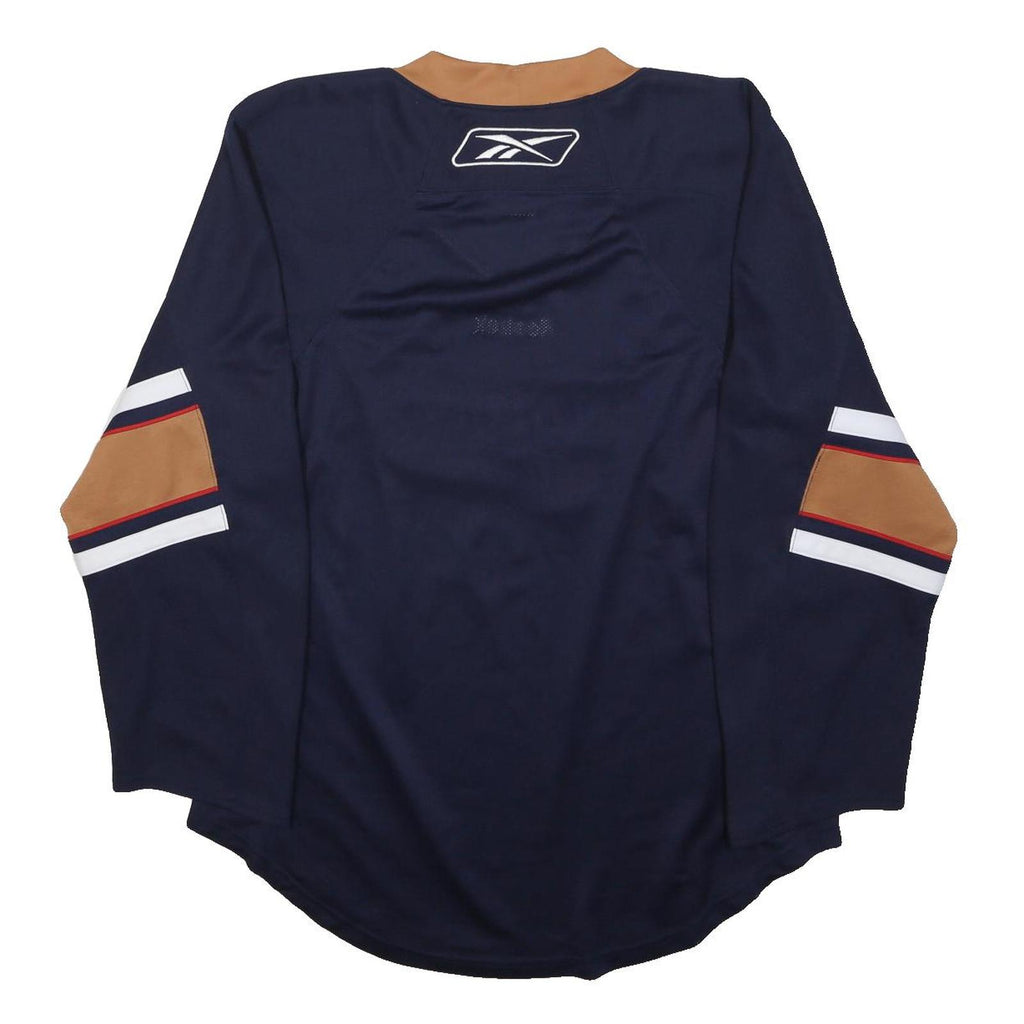 REEBOK Mens Navy & Brown Morges Graphic T-Shirt S Long Sleeve V-Neck Sportswear