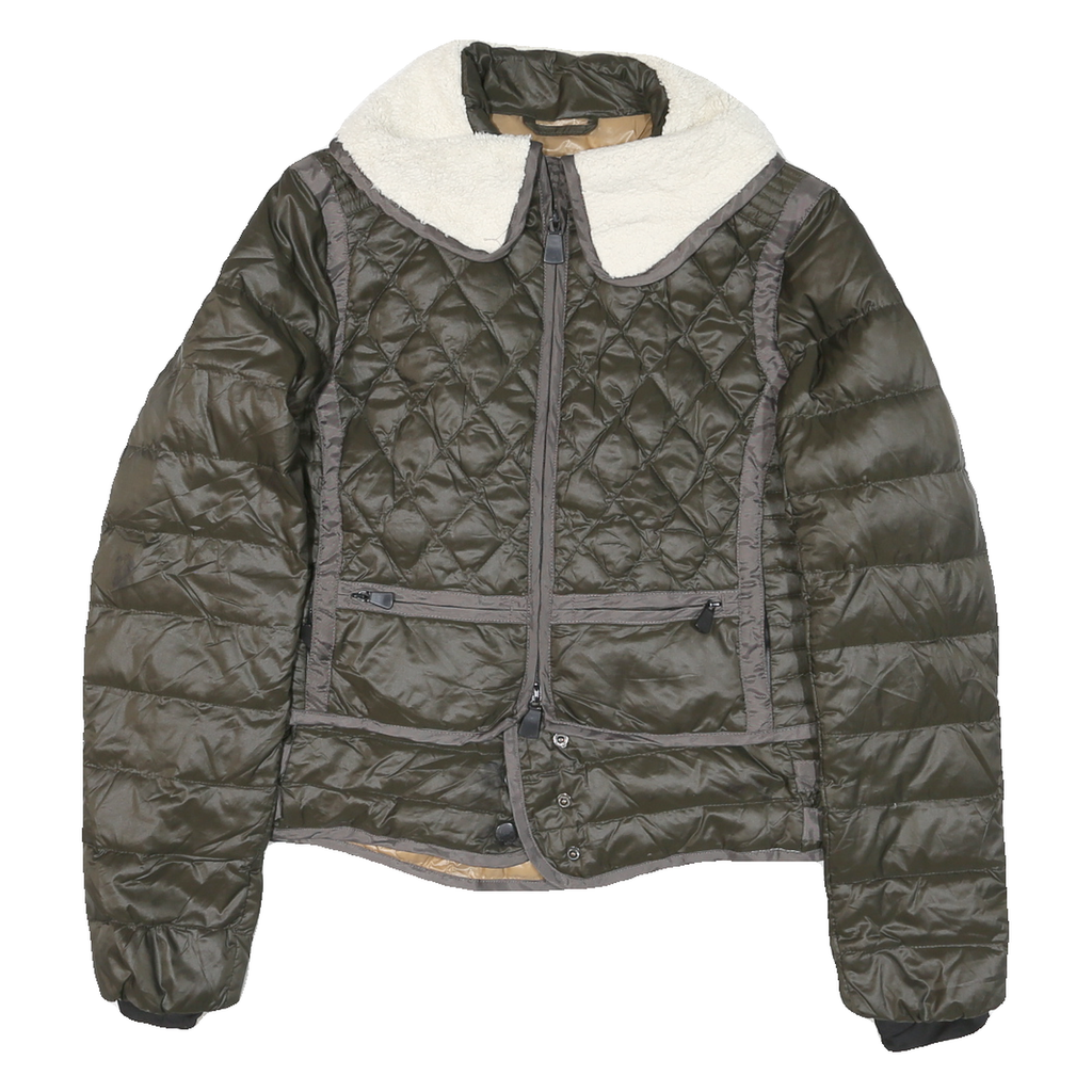 MONCLER Womens Green Quilted Zip Jacket L Polyester Blend Sherpa Collar Stylish