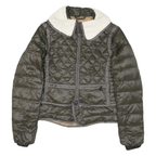 MONCLER Womens Green Quilted Zip Jacket L Polyester Blend Sherpa Collar Stylish