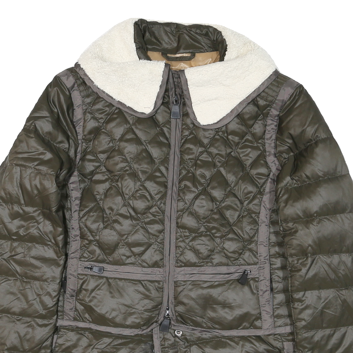 MONCLER Womens Green Quilted Zip Jacket L Polyester Blend Sherpa Collar Stylish